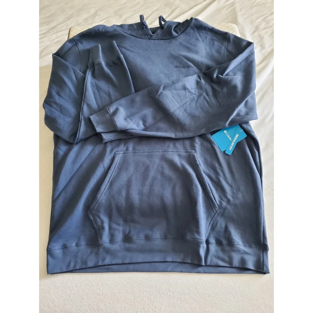 Columbia Men Tall Blue‎ Hoodie Trek Graphic XLT Dark Mountain Button Badge